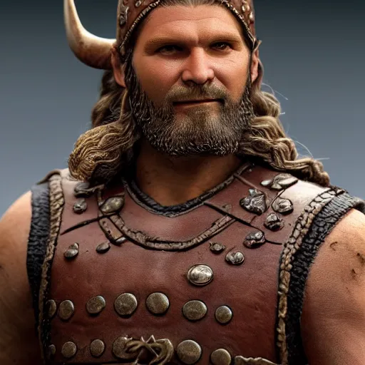 Image similar to of a 3d clay model of a viking from valhalla, wearing the horned helmet ultra fine detail, hair strands, ultra high resolution, fine texture detail, miniature painting techniques, perfect proportions, marvel cinematic universe, eric bana