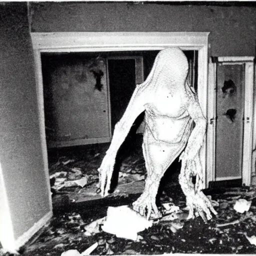 Image similar to 1 9 8 3, found footage, old abandoned house, creepy mutant flesh creature, flesh blob