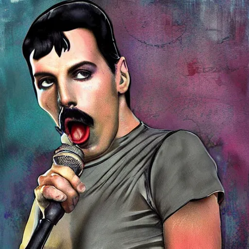 Prompt: Freddie mercury is singing in a post apocalyptic world, digital art