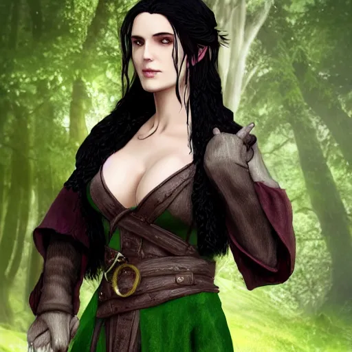 Image similar to yennefer as a medieval fantasy wood elf, dark purplish hair tucked behind ears, wearing a green tunic with a fur lined collar and brown leather armor, wide, muscular build, scar across nose, one black, scaled arm, cinematic, character art, digital art, forest background, realistic. 4 k