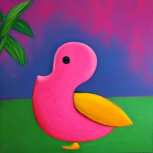 Image similar to the painting is a yellow duck with a pink beak and a blue head.