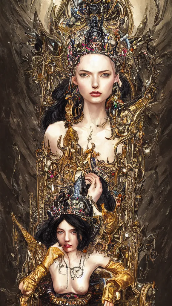 Image similar to painting of a beautiful black haired woman with pale skin and a crown on her head sitted on an intricate metal throne, illustration, artistic, colorful, hyper detailed, in the style of greg rutkowski,