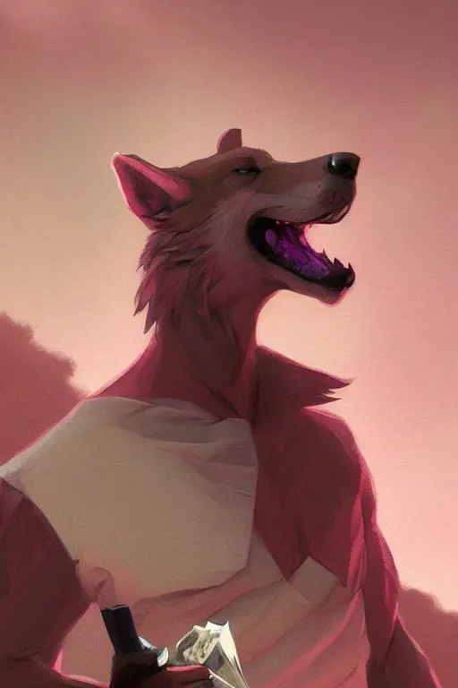 Image similar to realistic antropomorphic sad wolf wearing pink shirt and smoking cigarette, digital painting, artstation, concept art, smooth, sharp focus, illustration, art by kezie demessance, artgerm, james jean, jean giraud, edward hopper, gaston bussiere and greg rutkowski