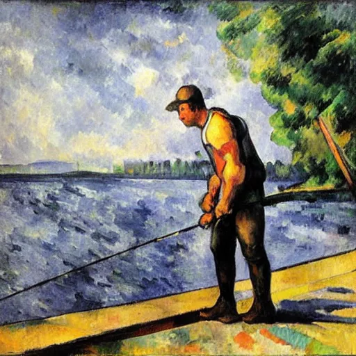 Image similar to ryan reynolds fishing from a pier in vancouver, painted by cezanne