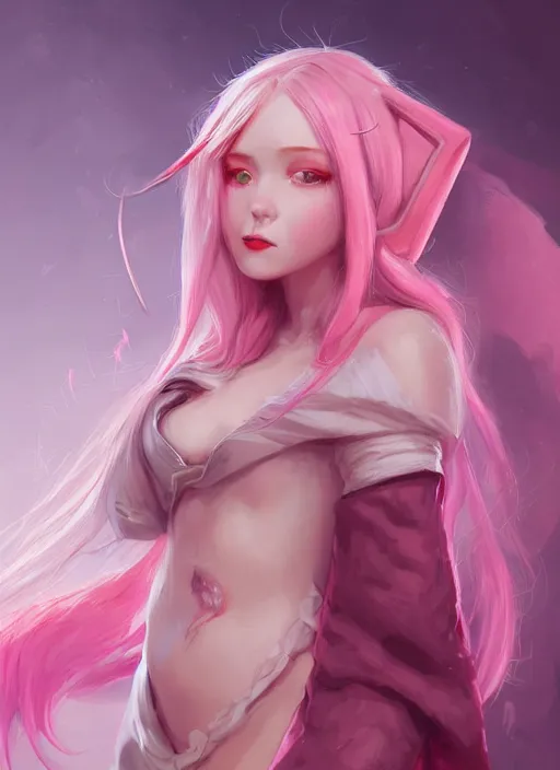 Image similar to a highly detailed illustration of cute smug pink haired pale girl with two curved horns wearing oversized pink hoodie, dramatic smirk pose, intricate, elegant, highly detailed, centered, digital painting, artstation, concept art, smooth, sharp focus, league of legends concept art, wlop.