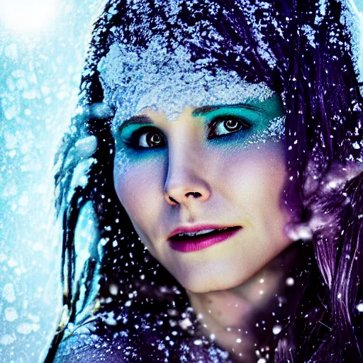 Image similar to Kristen Bell as a mermaid covered in snow, grungy, unkept hair, glowing eyes, winter, modelsociety, radiant skin, huge anime eyes, RTX on, bright on black, dramatic, studio lighting, perfect face, intricate, Sony a7R IV, symmetric balance, polarizing filter, Photolab, Lightroom, 4K, Dolby Vision, Photography Award
