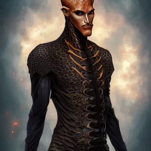 Image similar to beautiful full body portrait of a human - giraffe hybrid male wizard, scaley!! black onyx skin, by wlop and artgerm, steampunk fiction, detailed deep black eyes, space background, trending, on artstation.