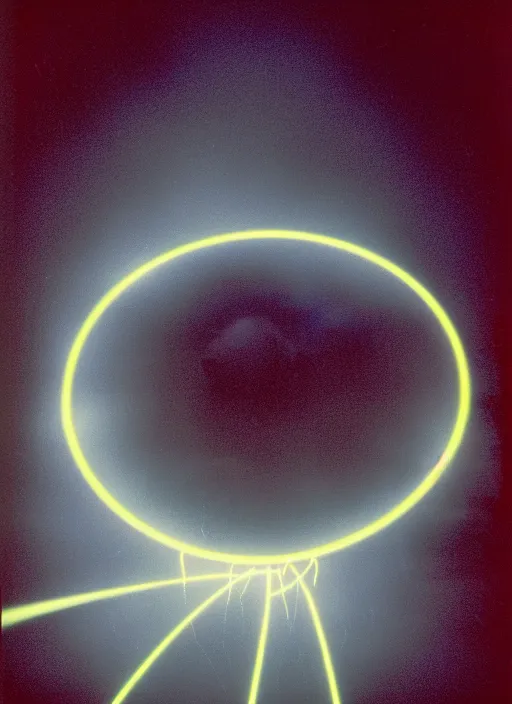 Prompt: realistic photo portrait of a glowing disks flying in a grey sky, covered with tesla electricity 1 9 9 0, life magazine photo, natural colors, museum collection, kodak