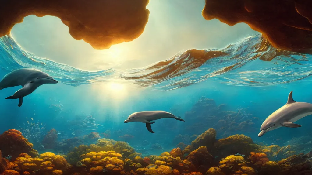 Prompt: underwater sea, summer, sun rays shining through the surface, dolphins swimming, peaceful, amazing, by andreas rocha and john howe, and Martin Johnson Heade, featured on artstation, featured on behance, golden ratio, ultrawide angle, f32, well composed