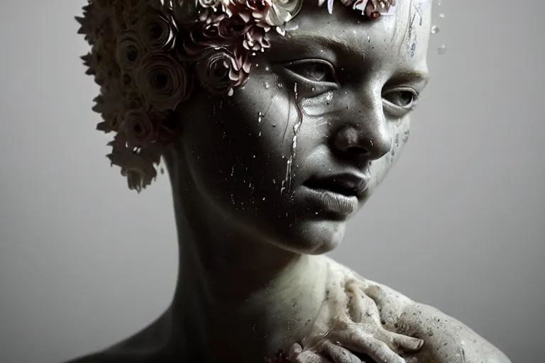 Image similar to the long shot of sculpture of a beautiful woman with flowing tears, fractal flowers on the skin, intricate, a marble sculpture by nicola samori, behance, neo - expressionism, marble sculpture, made of mist, still frame from the prometheus movie by ridley scott with cinematogrophy of christopher doyle, arri alexa, anamorphic bokeh, 8 k