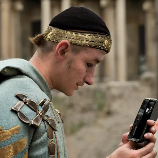 Image similar to photo of a Roman soldier checking his smartphone