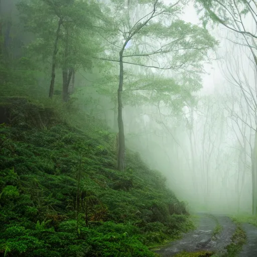 Image similar to emerald urban canyon evergreen forest in fog