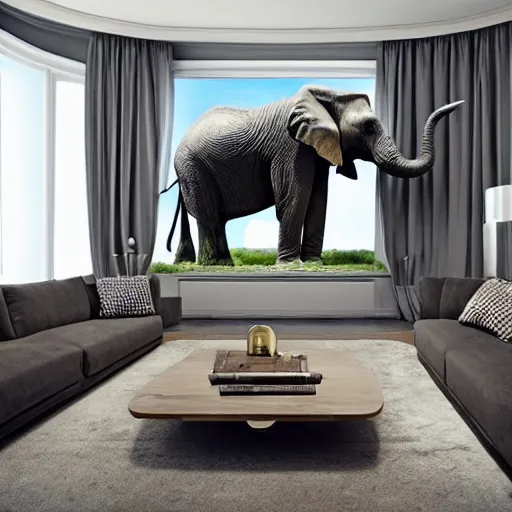Prompt: a large lamp, shaped as an elephant, placed in a large living room, art designers magazine HD photo superrealism 3d 8k resolution