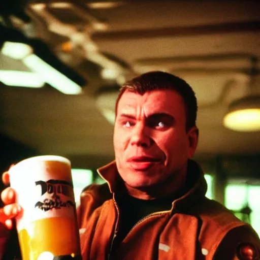 Prompt: doomguy from doom 1 9 9 3 drinking beer in a bar, analog photography, 9 0 s