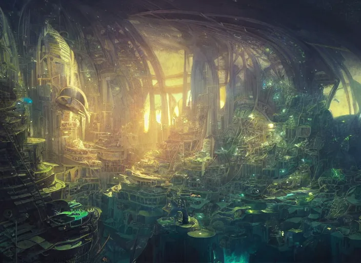 Image similar to favela spaceship cathedral, underwater environment, sorcery, scenery, professional, award - winning, trending on artstation, hyper detailed, realistic, beautiful, emotional, shiny, somber, picture in the style of makoto shinkai victo ngai and peter mohrbacher studio ghibli artgerm karol bak beeple