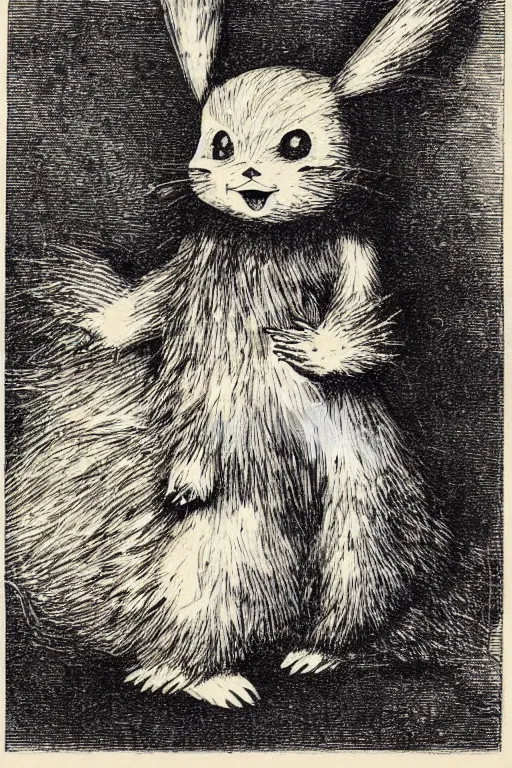 Prompt: 19th century wood-engraving of fluffy pikachu, whole page illustration from Jules Verne book titled Stardust Crusaders, art by Édouard Riou Jules Férat and Henri de Montaut, frontal portrait, high quality, beautiful, highly detailed, removed watermarks