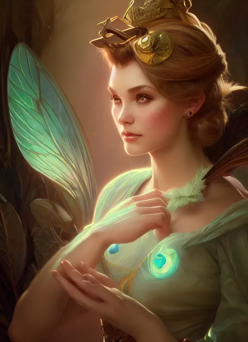 Image similar to tinker bell, d & d, fantasy, intricate, elegant, highly detailed, digital painting, artstation, concept art, matte, sharp focus, illustration, hearthstone, art by artgerm and greg rutkowski and alphonse mucha