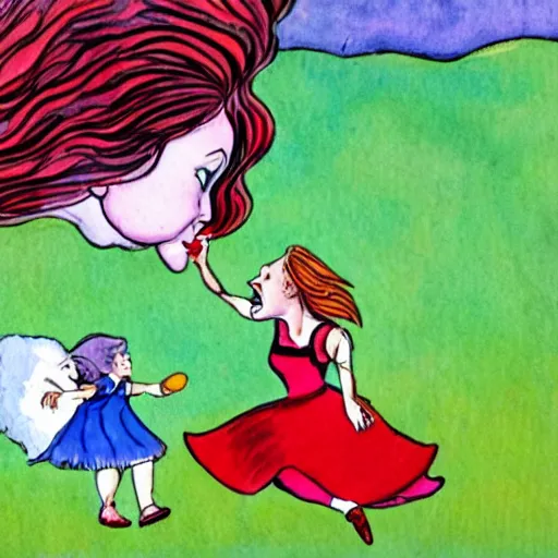 Image similar to action shot of alice from wonderland kicking the head of the red queen like a soccer ball the red queen has comical exes for eyes and her tongue is hanging out, illustration from a children's book, illustration in watercolor