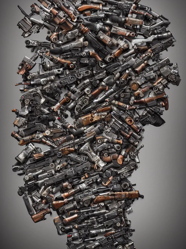 Image similar to head made of firearms rifles shotguns revolvers and bullets, ultrarealistic, intricate details, 4k, concept art, digital painting