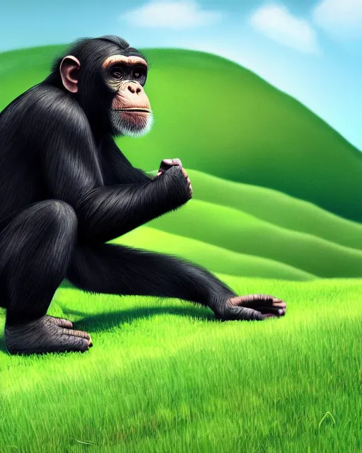 Image similar to very detailed high resolution illustration of a chimpanzee, rolling green hills, 3 d, 8 k, extremely detailed, artstation