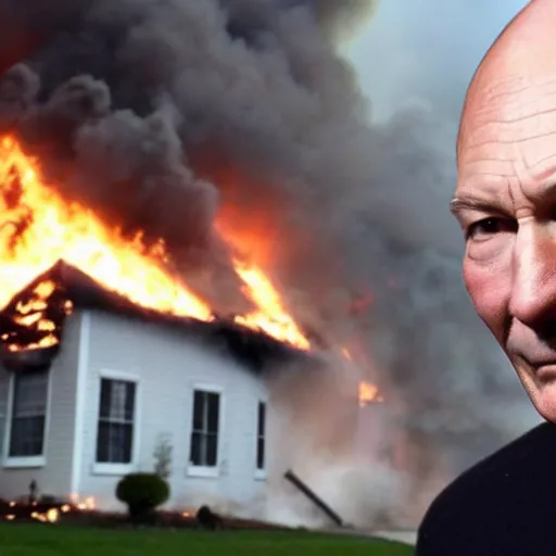 Prompt: a photo of a house burning down in the background and patrick stewart with an eerie expression in the foreground, strong depth of field