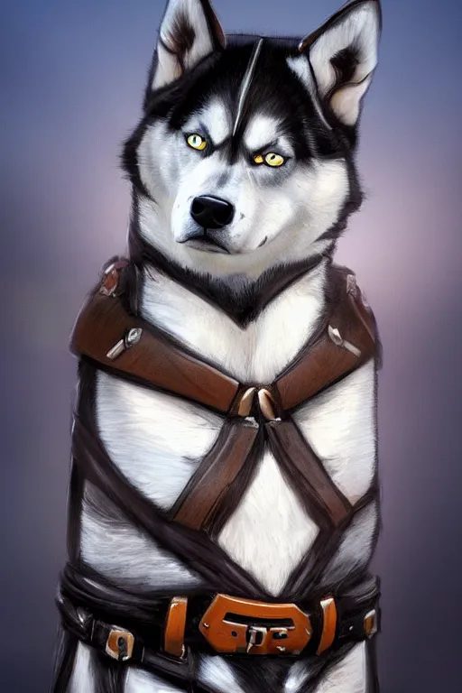 Prompt: a portrait painting of a husky in cowboy costume in the style of anime, [ western film ], [ character design ], humanoid, personify, anthropomorphic, trending on artstation