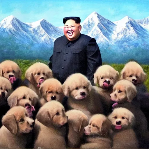 Image similar to oil painting of Kim Jong-un smiling and standing above a crowd of cute puppies in a mountain range, 8k, highly detailed, highly intricate,