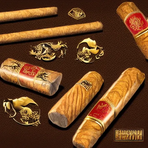 Image similar to digital art of the most rare and quality rich dragon themed cigar set you could ever obtain in a lucid dream, astonishing detail, award winning, fantastic composition, beautiful lighting