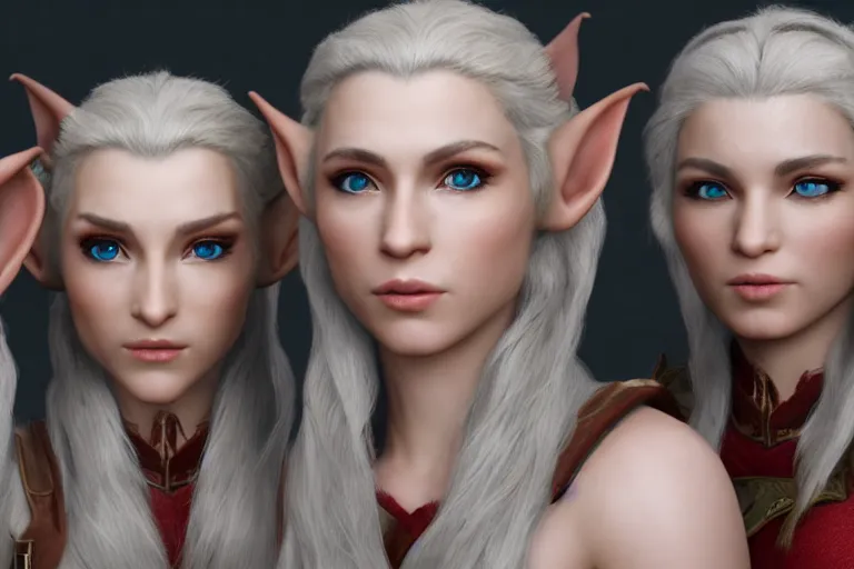 Prompt: a cinematic headshot portrait of three female elf warriors, 8 k, ultra realistic, dramatic lighting, mist