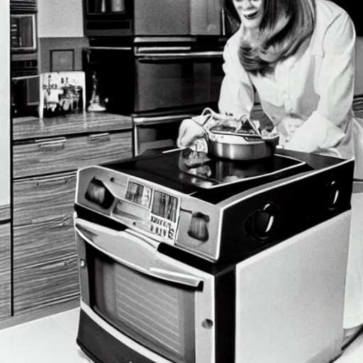 Image similar to a robot cooking in the kitchen in 1 9 7 4