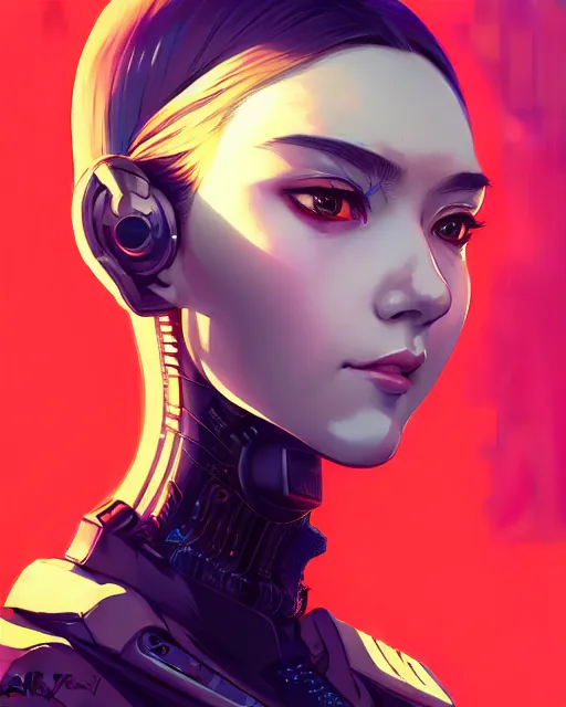 Image similar to a comic potrait of a cyberpunk cyborg girl with big and cute eyes, fine - face, realistic shaded perfect face, fine details. night setting. very anime style. realistic shaded lighting poster by ilya kuvshinov katsuhiro, magali villeneuve, artgerm, jeremy lipkin and michael garmash, rob rey and kentaro miura style, trending on art station