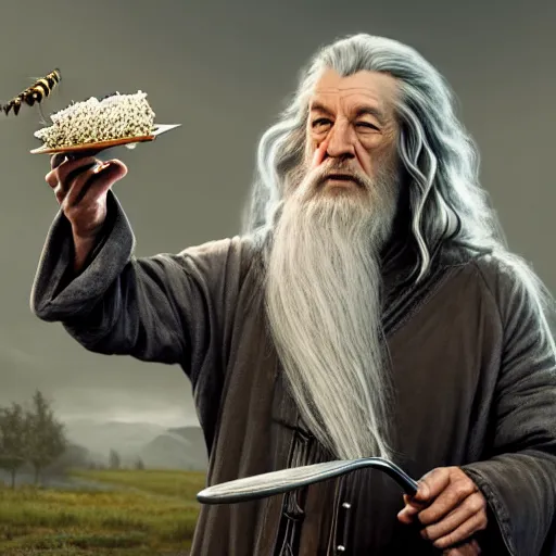 Image similar to A beautiful hyper realistic ultra detailed lifelike matte painting of Nathan Fillion as Gandalf the grey casting a fork spell in apiary, unreal engine, deviantart, flickr, artstation, octane render, textured, colorful, extreme realistic detail, physically based rendering, pbr render, very detailed, volumetric lighting, detailed lighting, octane render, 4k, cinematic lighting, 8k resolution