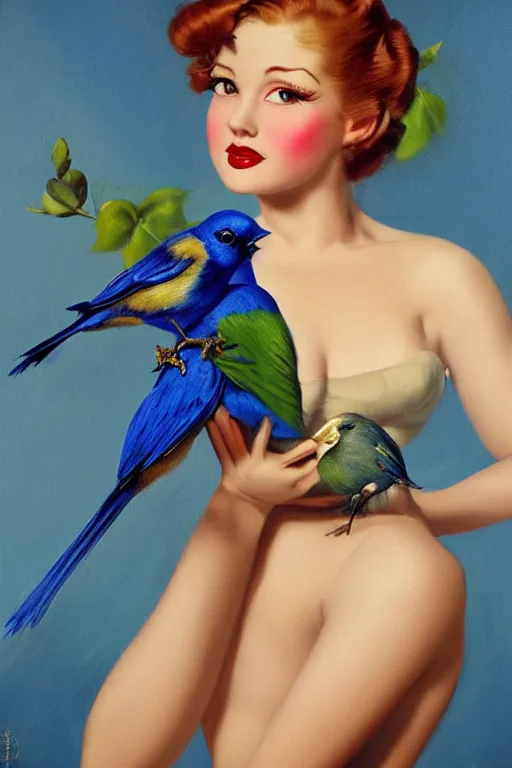 Image similar to hyper realistic painting, pinup girl holding an indigo bunting, bird, the bird is wearing a bowtie, anime, porcelain skin, glistening, very coherent, gillette gil elvgren