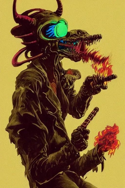 Image similar to An anthropomorphic demon smoking a cigar in a cyberpunk setting, by Frank Frazetta, 1980s synthwave color palette, Trending on Artstation, highly detailed,