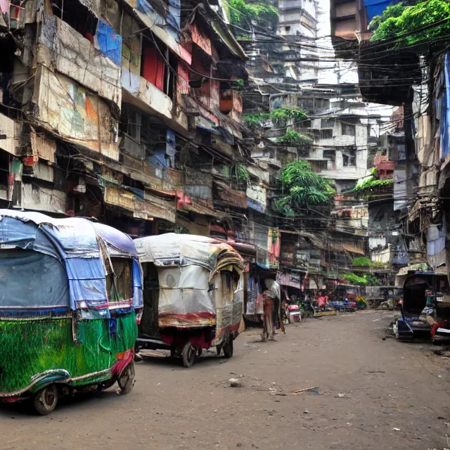 Image similar to streets of mumbai, 2 0 7 0, mossy buildings, high fidelity, uncompressed png, indian caravans
