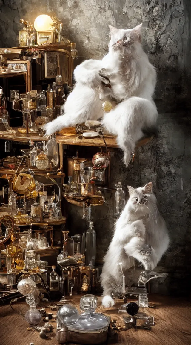 Image similar to full body protrait beautifull witch with white hair in old room. A cristal ball on a wood table with a potions and old instruments. A cat on the floor licking his paw. photorealistic, profesional photo, by Steve McCurry