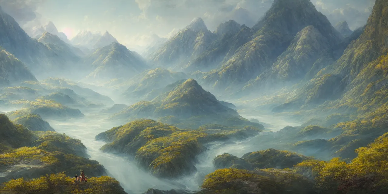 Image similar to a beautiful painting of a scene about a panorama of rivers and mountains, by xun ren and james jean, trending on artstation., ultrawide viewn and highly detailed matte painting