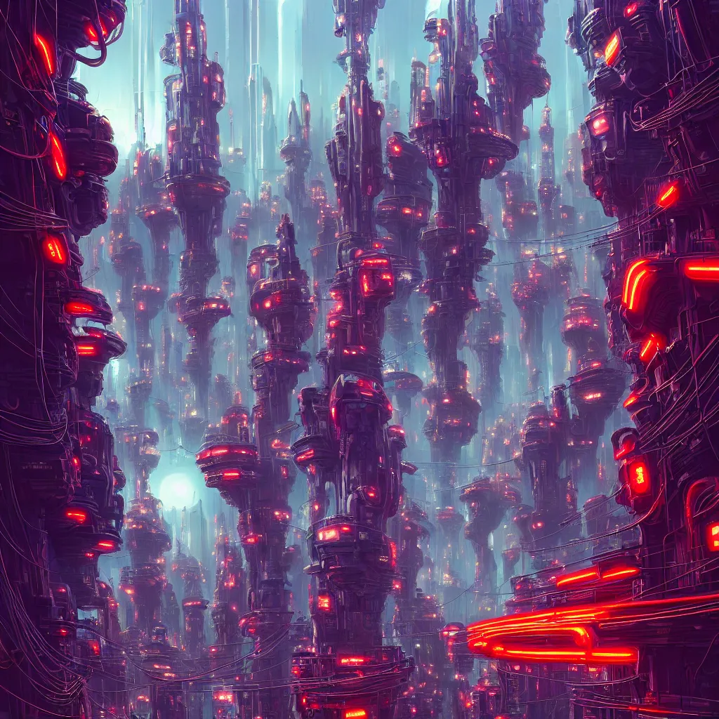 Image similar to robo cats inside an scifi tentacles wires futuristic city, beautiful signs, wide angle, retro futuristic comics, cinematic, highly detailed, photorealistic, rich bright colors, trending on artstation, giger, tsutomu nihei, trending on cgsociety, awe inspiring bruce pennington cityscape, digital art painting of 1 9 6 0 s