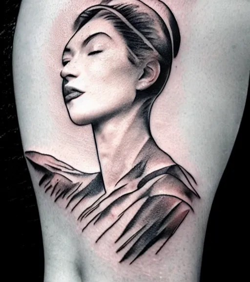 Image similar to tattoo design sketch of a beautiful woman face with a mountain scenery background on her side, hyper - realistic, double exposure, in the style of matteo pasqualin, amazing detail, black and white, faded