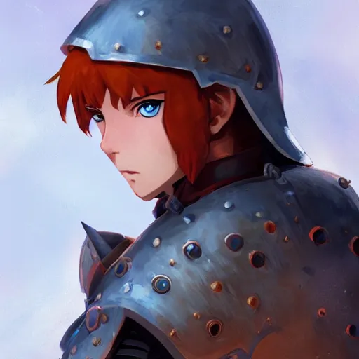 Image similar to portrait of a young redheaded boy with blue eyes and wearing armor, medieval background, highly detailed, digital painting, artstation, matte, by makoto shinkai, animation style, studio ghibli, anime key visual