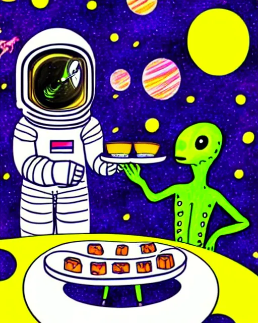 Image similar to an illustration of an astronaut meeting an alien for afternoon tea. funny. detailed. colorful. psychedelic