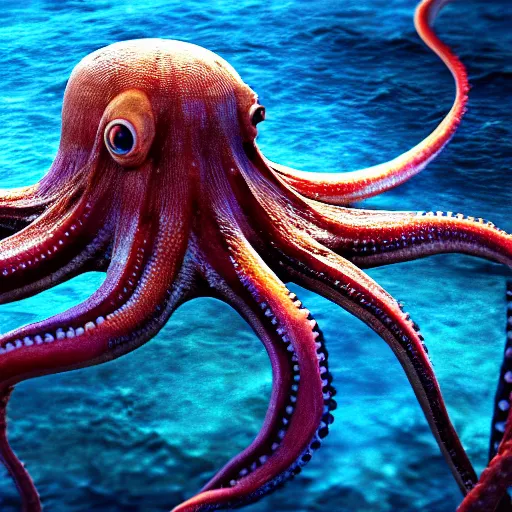 Image similar to A octopus in the ocean centered-photograph film still, tending on artstation dynamic action pose, National Geographic, insane detail, intricate, highly detailed, Zeiss Lens, DSLR photography, smooth, sharp focus, Unreal Engine 5, Octane Render, 85mm lens Redshift, depth of field 8K