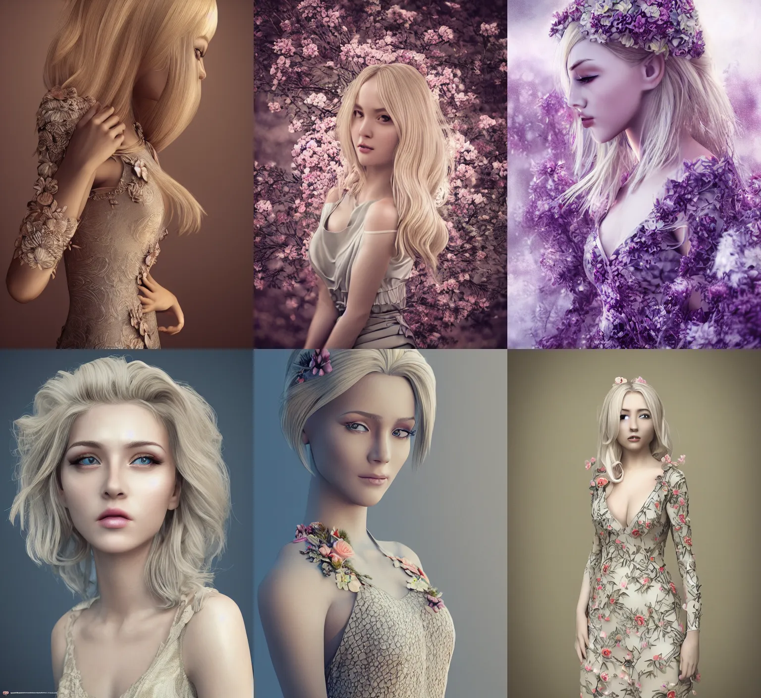 Prompt: beautiful blonde lady in flower dress, hyperrealistic, ultra detailed, octane render, symmetric, 3d, majestic, dark fantasy, intricate
