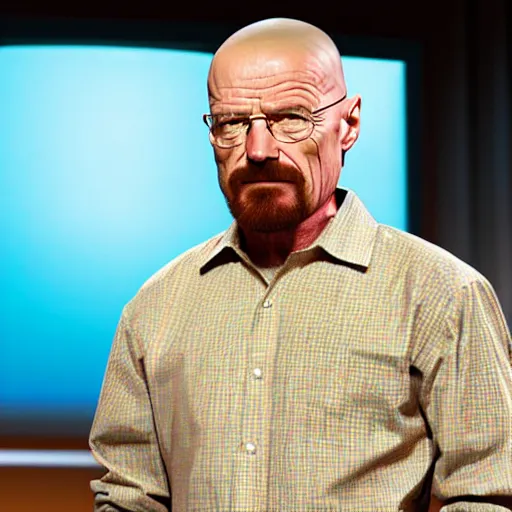 Image similar to walter white doing a ted talk, wide shot, high resolution, editorial