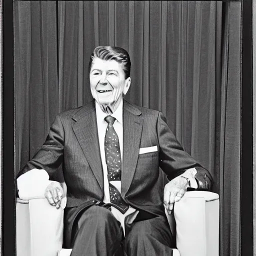 Image similar to [ ronald reagan sitting in chair... tiger lying at his feet ]