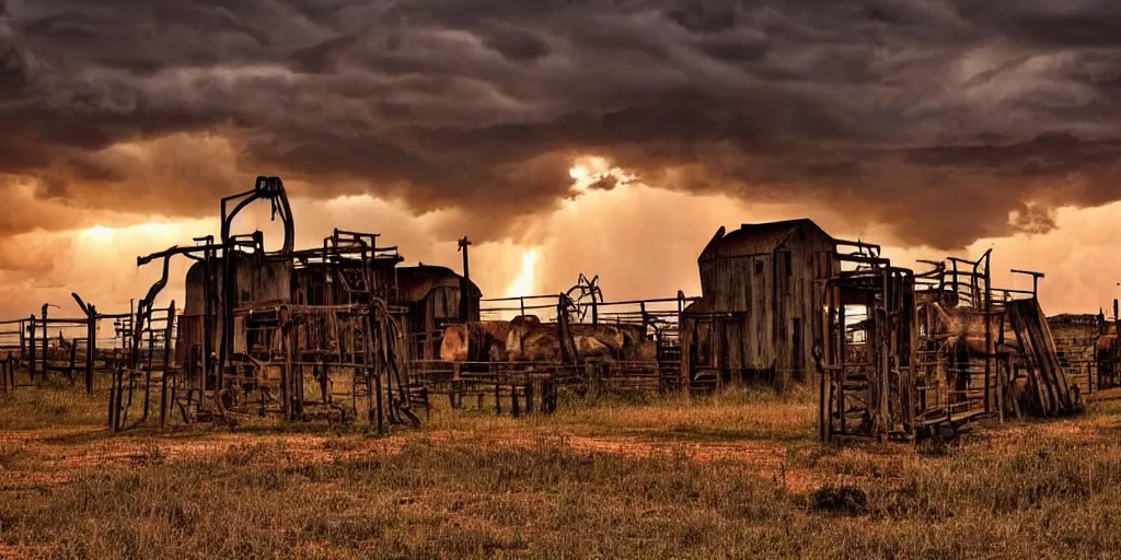 Image similar to photo of a stormy west texas sunset, perfect rustic ( ( pumpjack ) ), abandoned train, horses, cows, high resolution lightning, golden hour, high detail, beautiful!!!