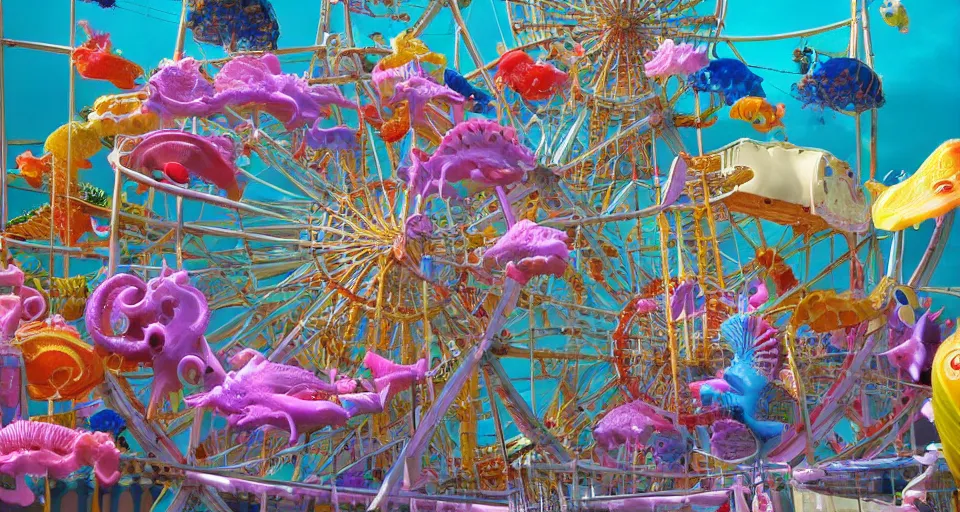 Image similar to underwater carnival, ferris wheel made of jellyfish, seahorse carousel, fish rides, beautiful, artstation, highly detailed,