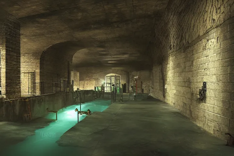 Prompt: Unreal Engine concept art of underground sewer tunnels with gym equipment, water, railing along the canal, brick walls, arches, detailed architecture, brass pipes on the walls, a slight green glow emanates from the water, artificial warm lighting, a variety of vivid materials