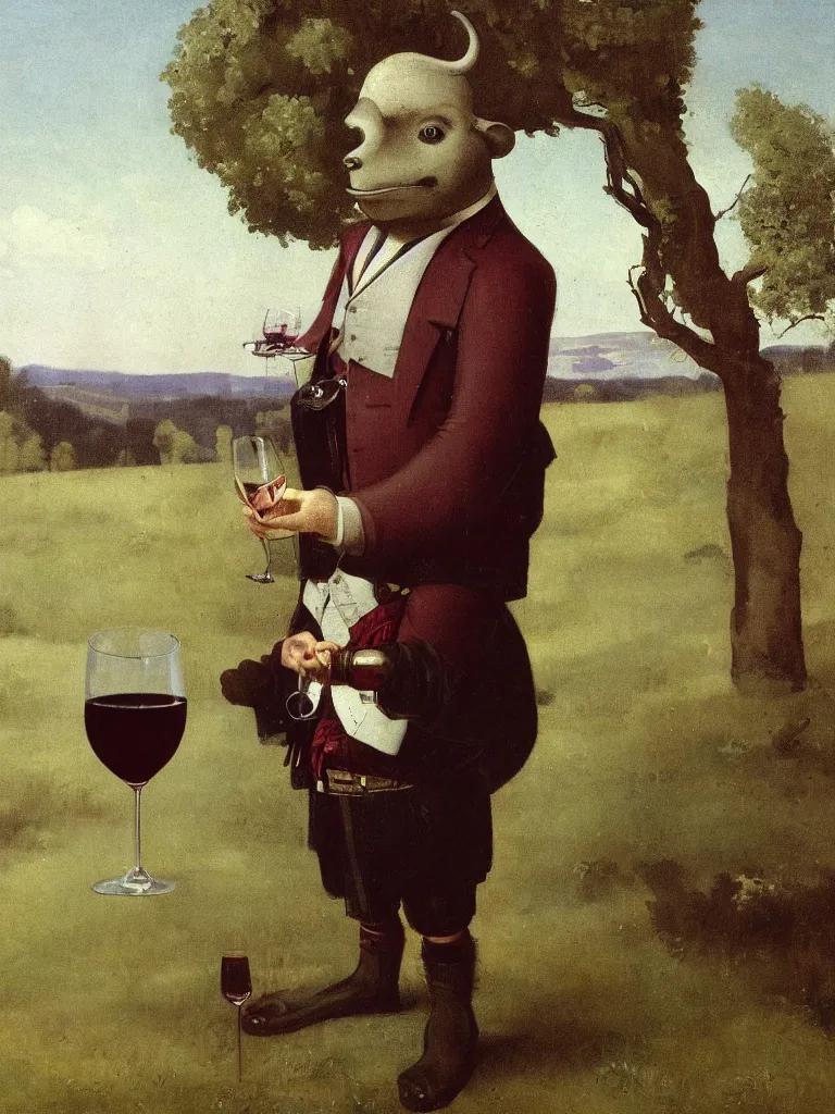 Prompt: detailed image of an anthropomorphic bison wearing a kilt, holding a glass of red wine. in a vineyard by a barn. by bill watterson and bob ringwood and camille corot