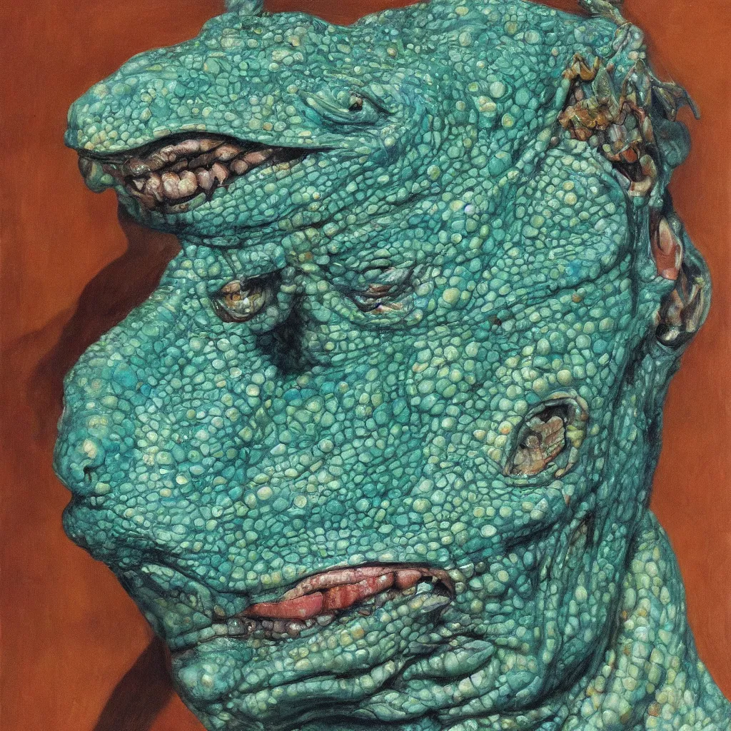 Image similar to high quality high detail painting by lucian freud, jenny savile, unsettling portrait of the lizard man, turquoise, hd